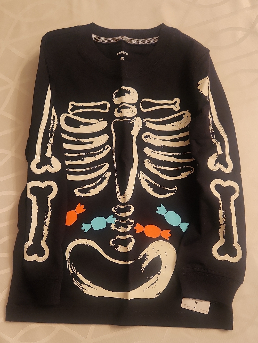 Glow In The Dark! Skeleton W/ Candy In Belly. Funny Cute. Long-sleeved Black Tee